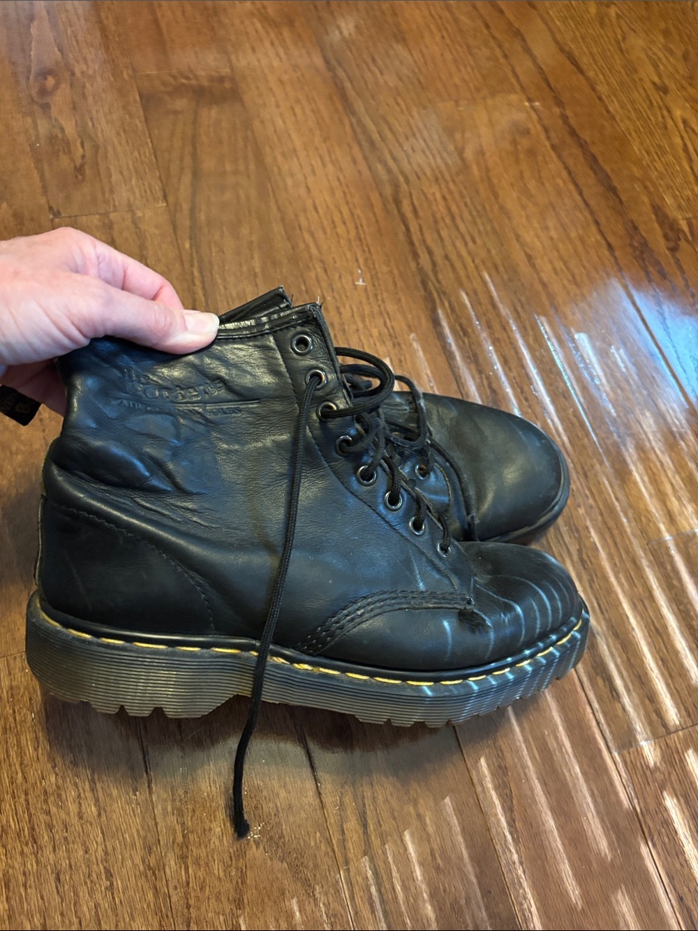 Doc Martens Black Leather Lace-Up Ankle Boots with Yellow Stitching